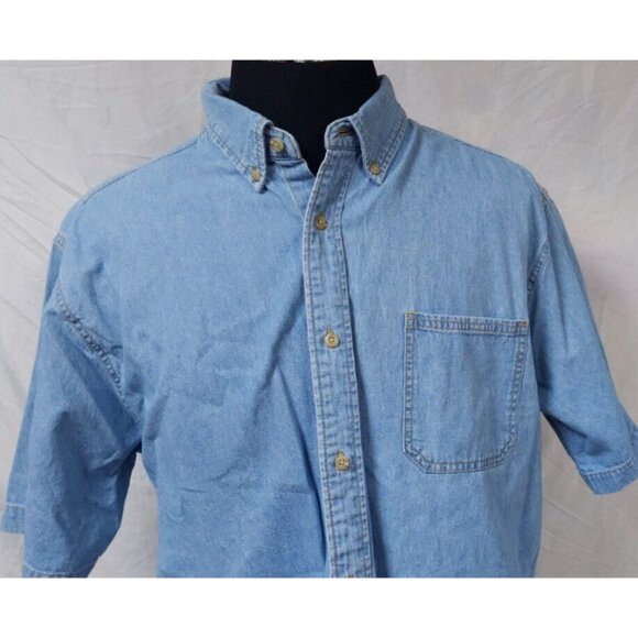 Route 66 Mens Large Blue Cotton Button Down Short Sleeve Outdoors Denim Shirt - Picture 2 of 9
